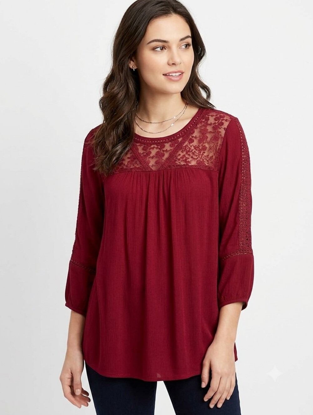 JohnPaulRichard Burgundy Lace Yoke Short Sleeve Top Size XL EUC P2P 22.5in